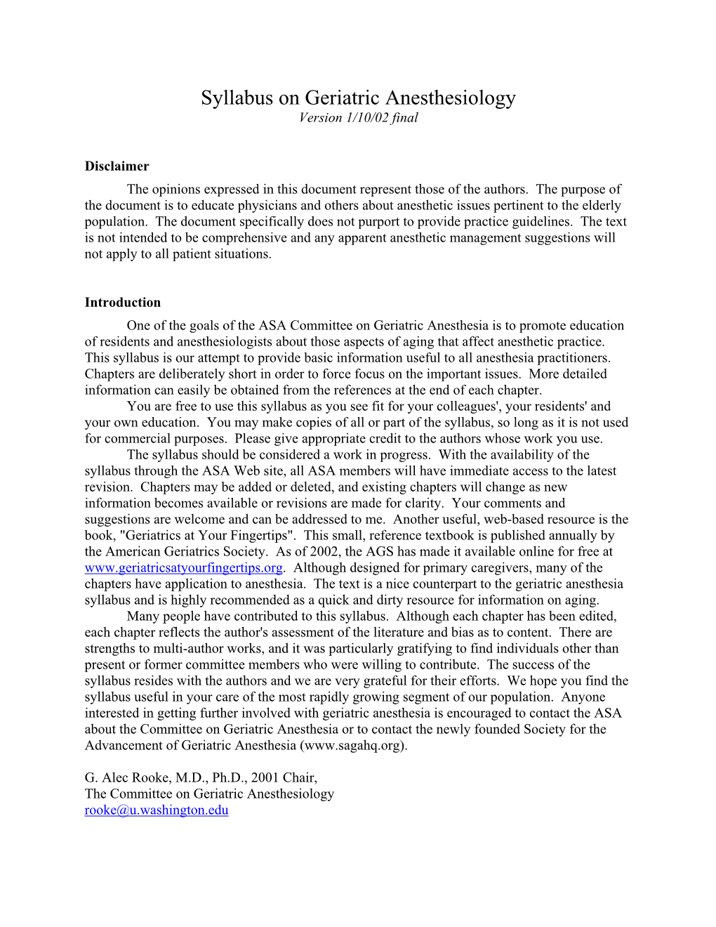 Syllabus on Geriatric Anesthesiology Version 1/10/02 Final