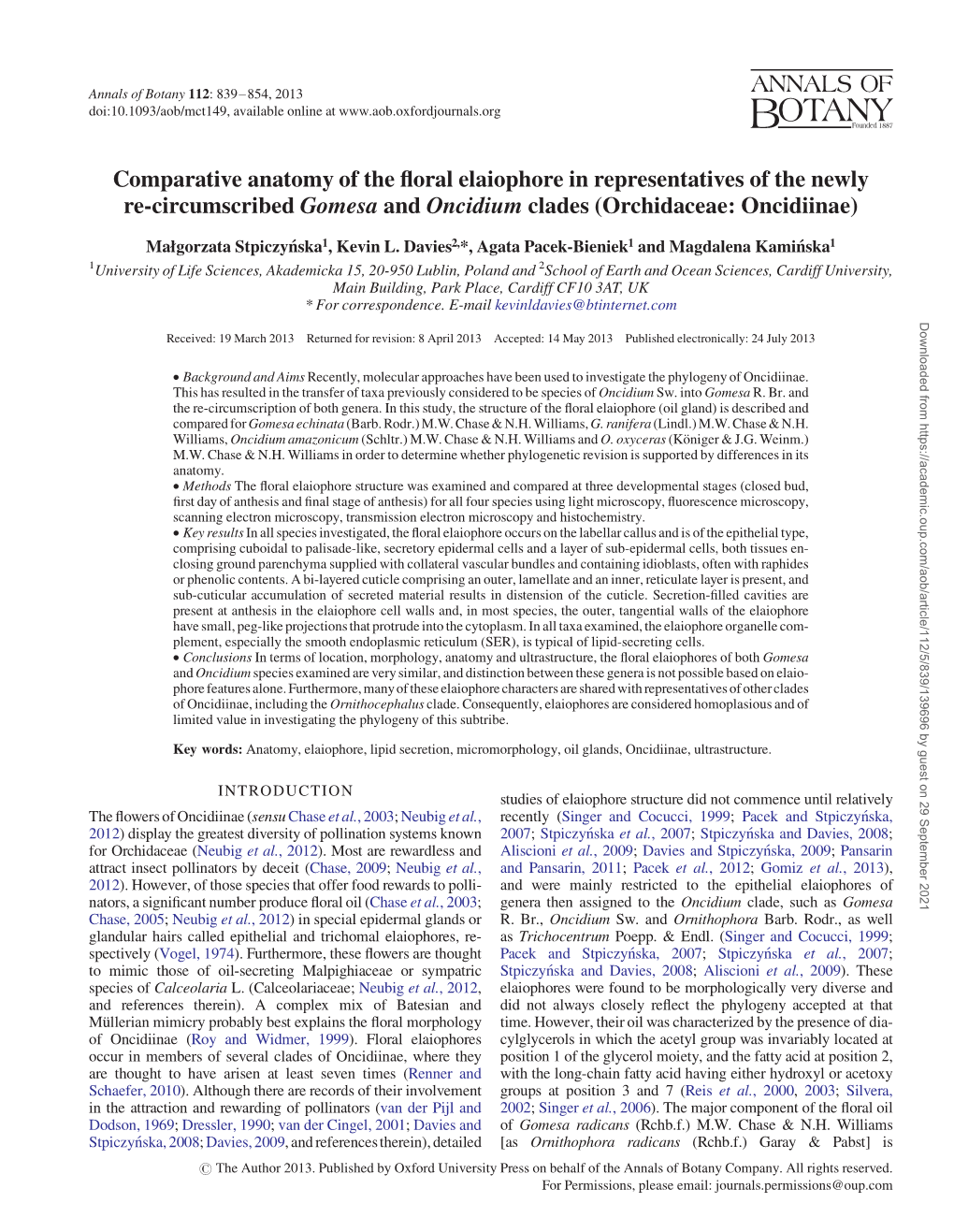 Comparative Anatomy of the Floral Elaiophore in Representatives Of