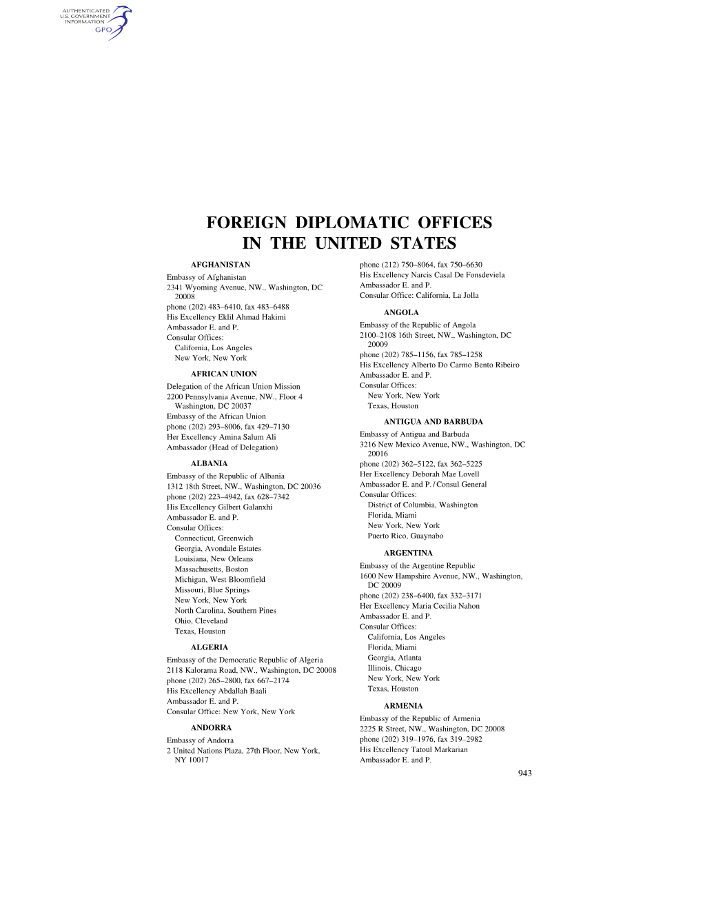 Foreign Diplomatic Offices in the United States