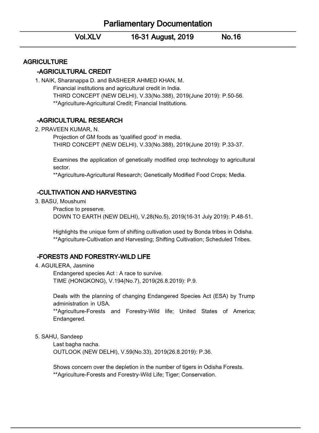 Parliamentary Documentation Vol.XLV 16-31 August, 2019 No.16