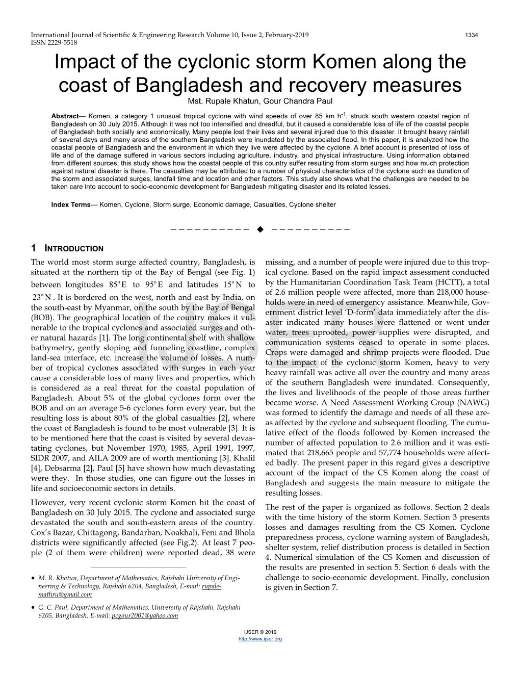 Impact of the Cyclonic Storm Komen Along the Coast of Bangladesh and Recovery Measures Mst