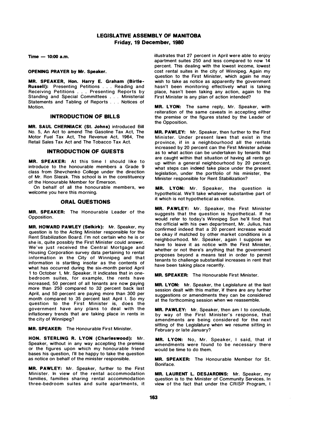 LEGISLATIVE ASSEMBLY of MANITOBA Friday, 19 December, 1980