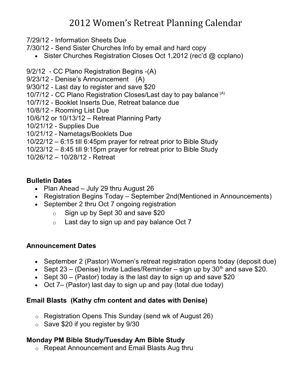 2012 Women S Retreat Planning Calendar