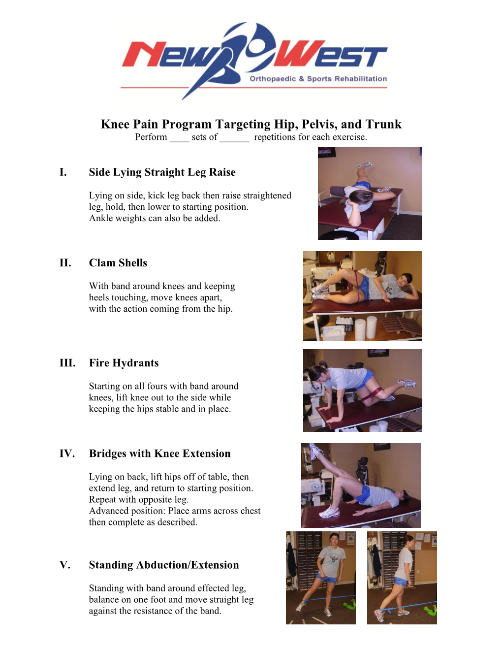 Knee Pain Program Targeting Hip, Pelvis, and Trunk Perform ____ Sets of ______Repetitions for Each Exercise