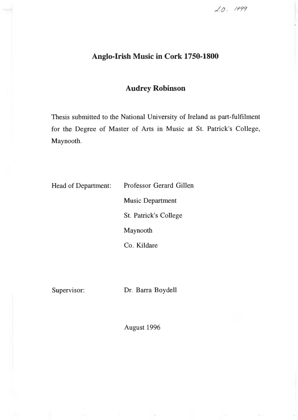 W Anglo-Irish Music in Cork 1750-1800 Audrey Robinson