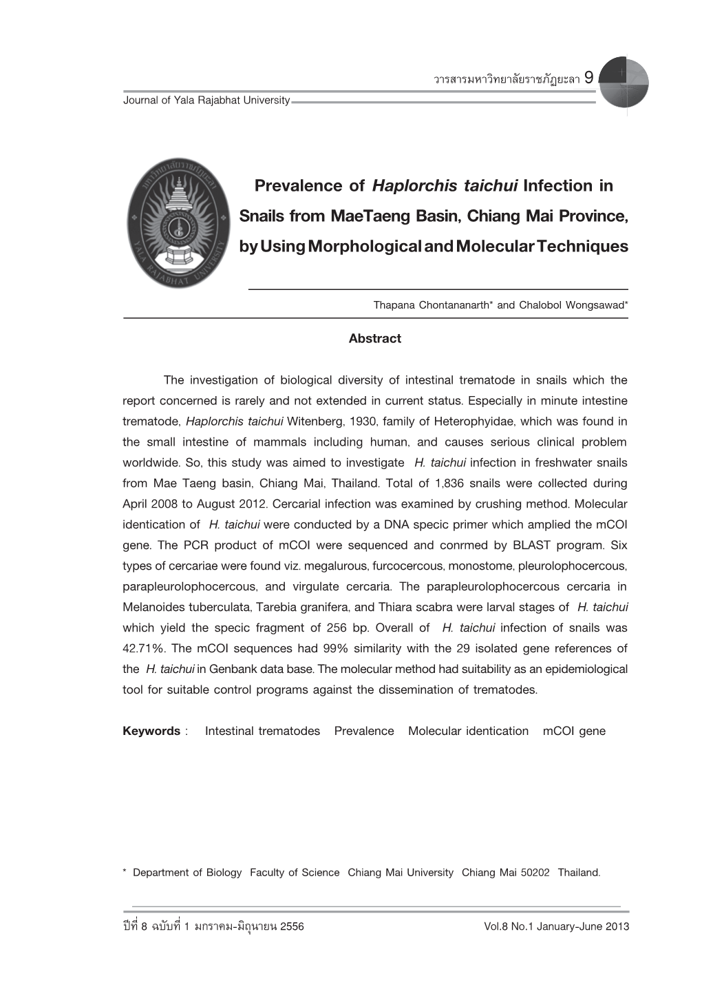 Prevalence of Haplorchis Taichui Infection in Snails from Maetaeng Basin, Chiang Mai Province, by Using Morphological and Molecular Techniques