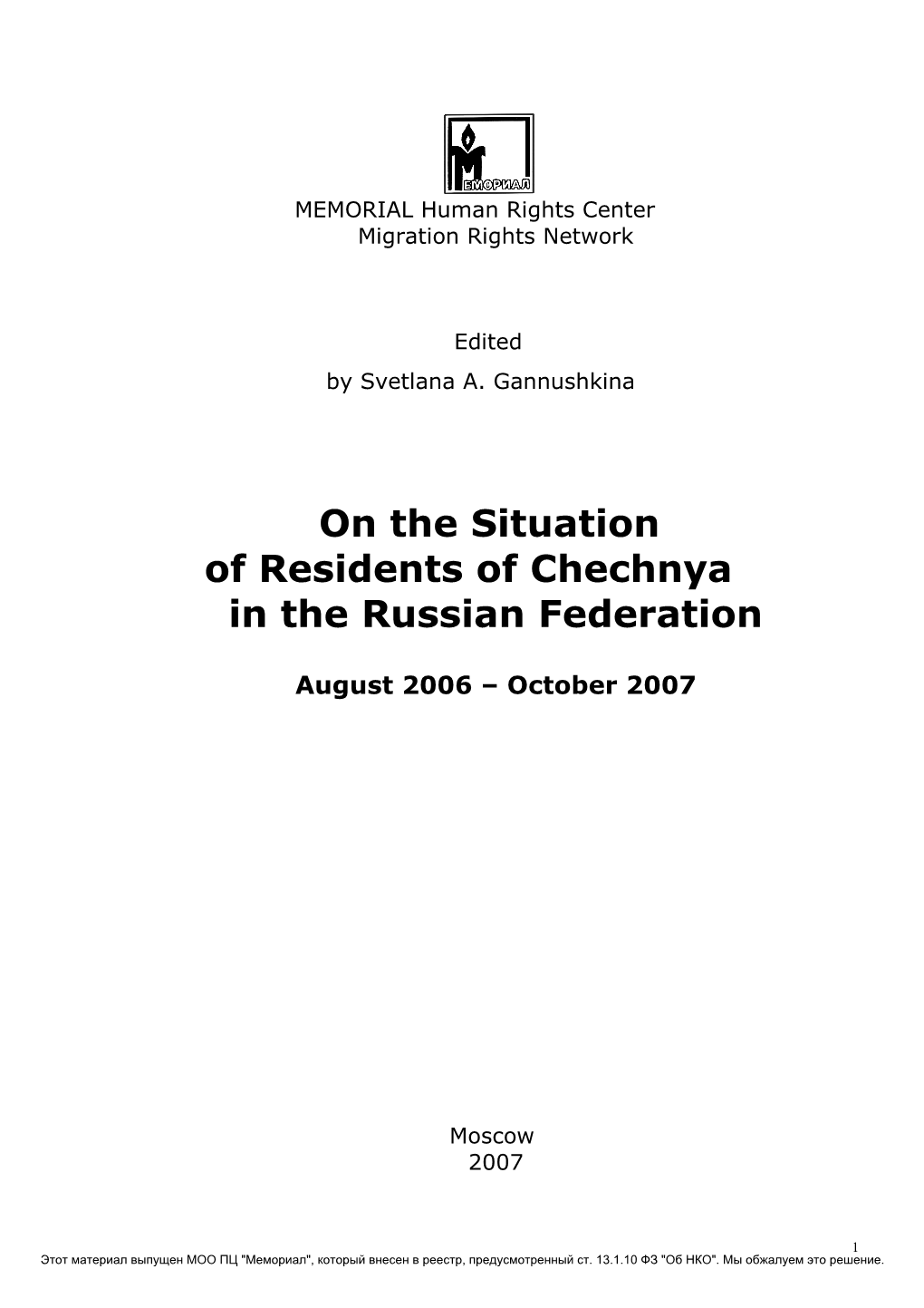 On the Situation of Residents of Chechnya in the Russian Federation
