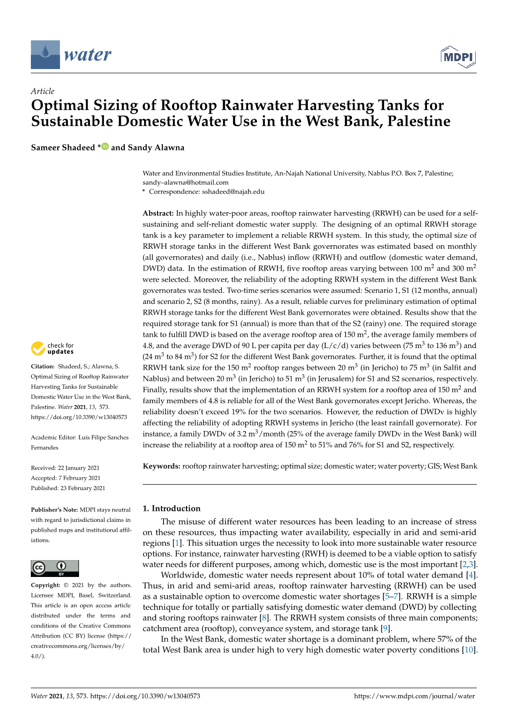 Optimal Sizing of Rooftop Rainwater Harvesting Tanks for Sustainable Domestic Water Use in the West Bank, Palestine