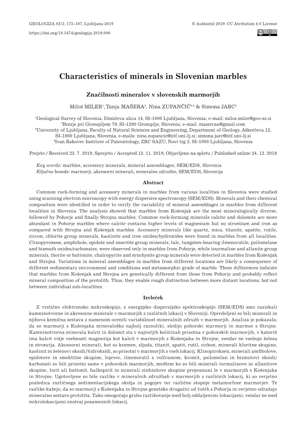 Characteristics of Minerals in Slovenian Marbles