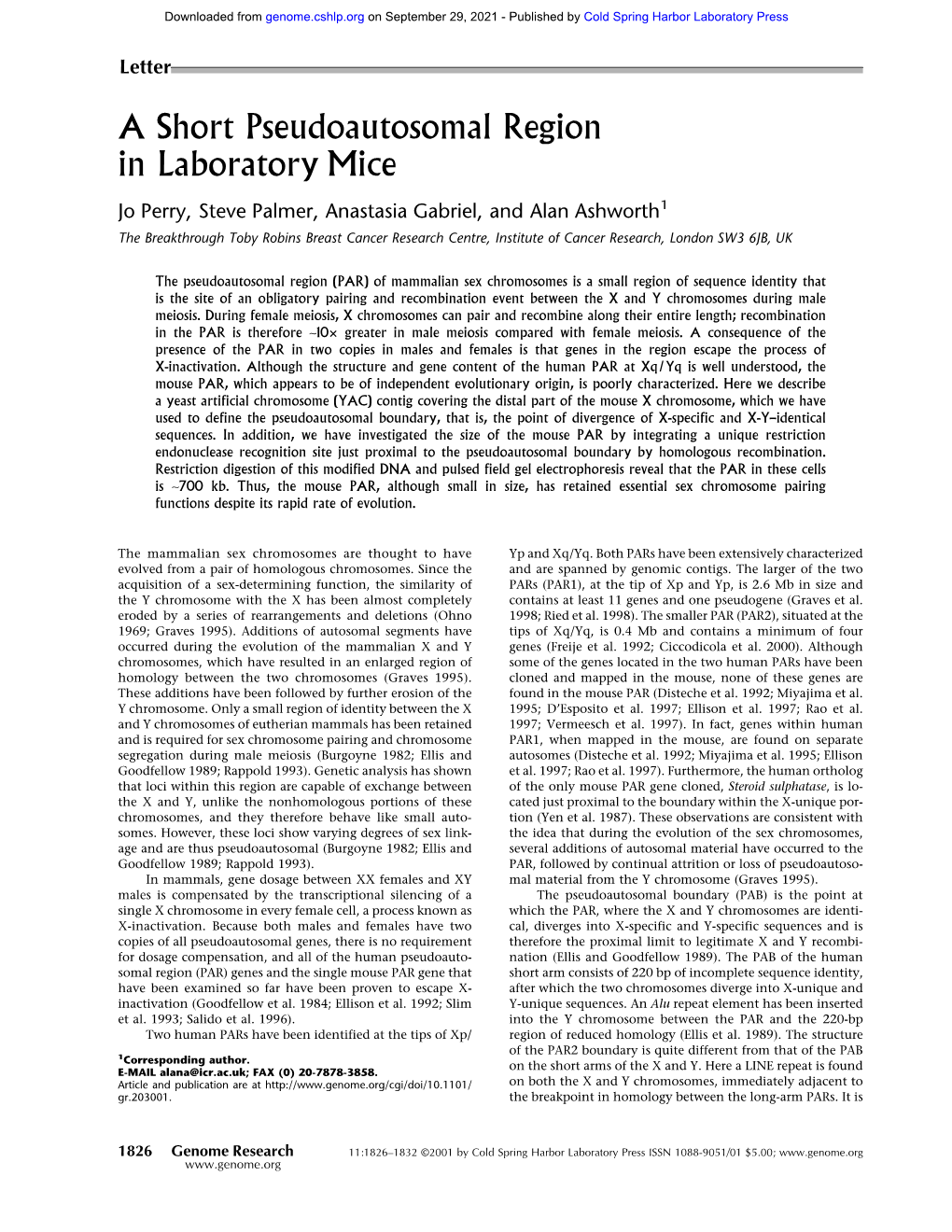 A Short Pseudoautosomal Region in Laboratory Mice