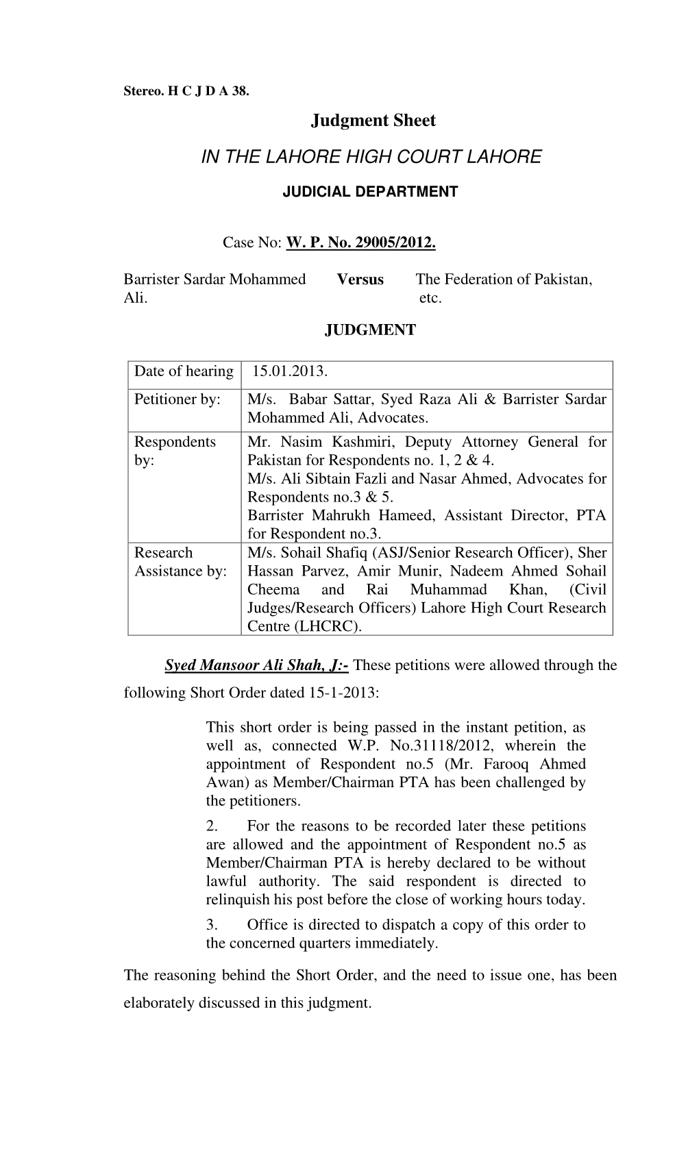 Judgment Sheet in the LAHORE HIGH COURT LAHORE