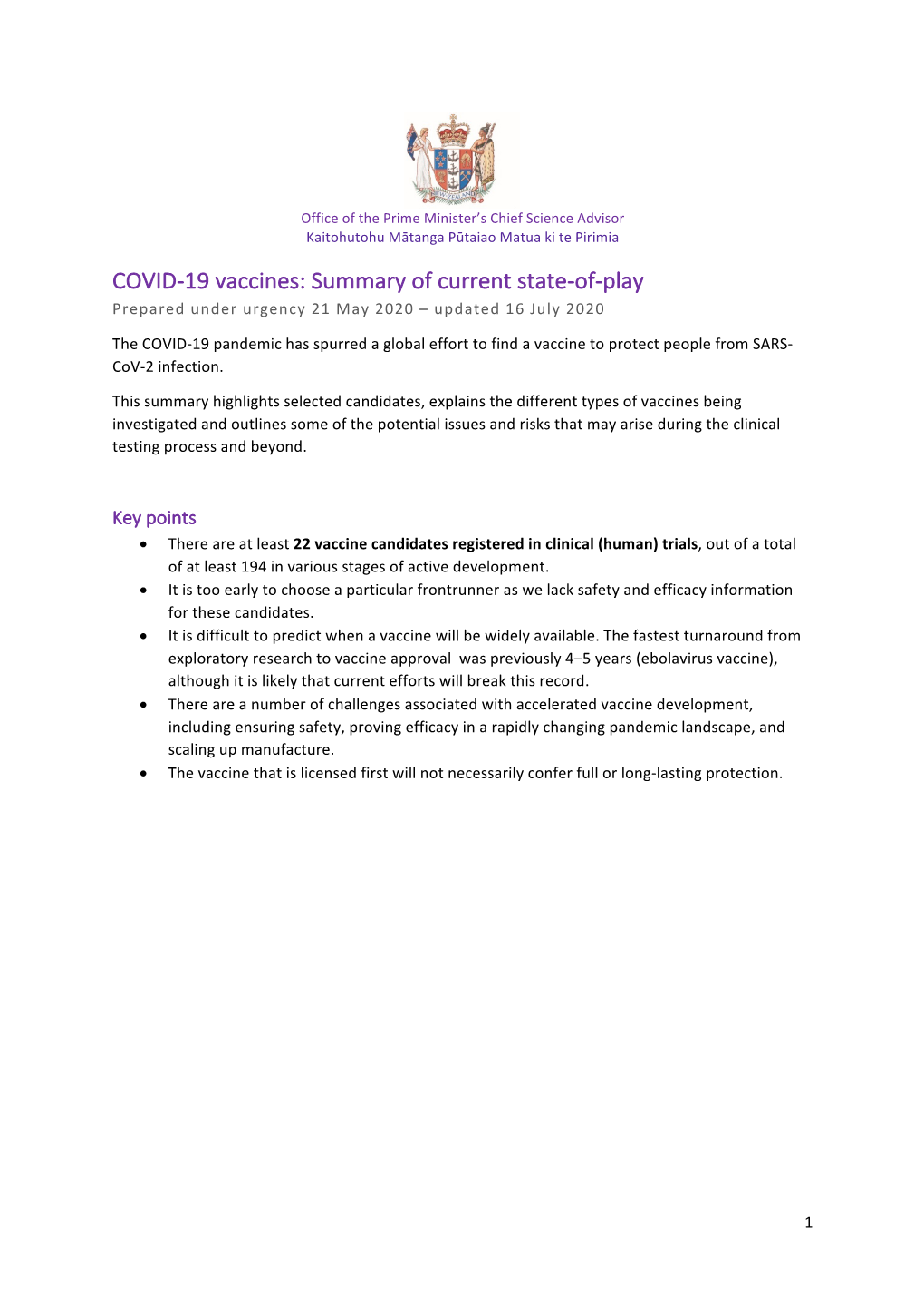 COVID-19 Vaccines: Summary of Current State-Of-Play Prepared Under Urgency 21 May 2020 – Updated 16 July 2020