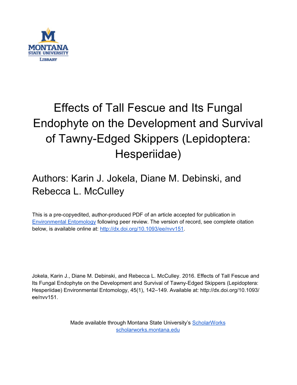 Effects of Tall Fescue and Its Fungal Endophyte on the Development and Survival of Tawny-Edged Skippers (Lepidoptera: Hesperiidae)