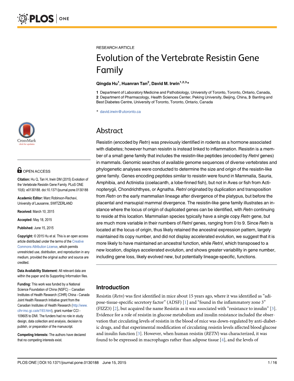 Evolution of the Vertebrate Resistin Gene Family