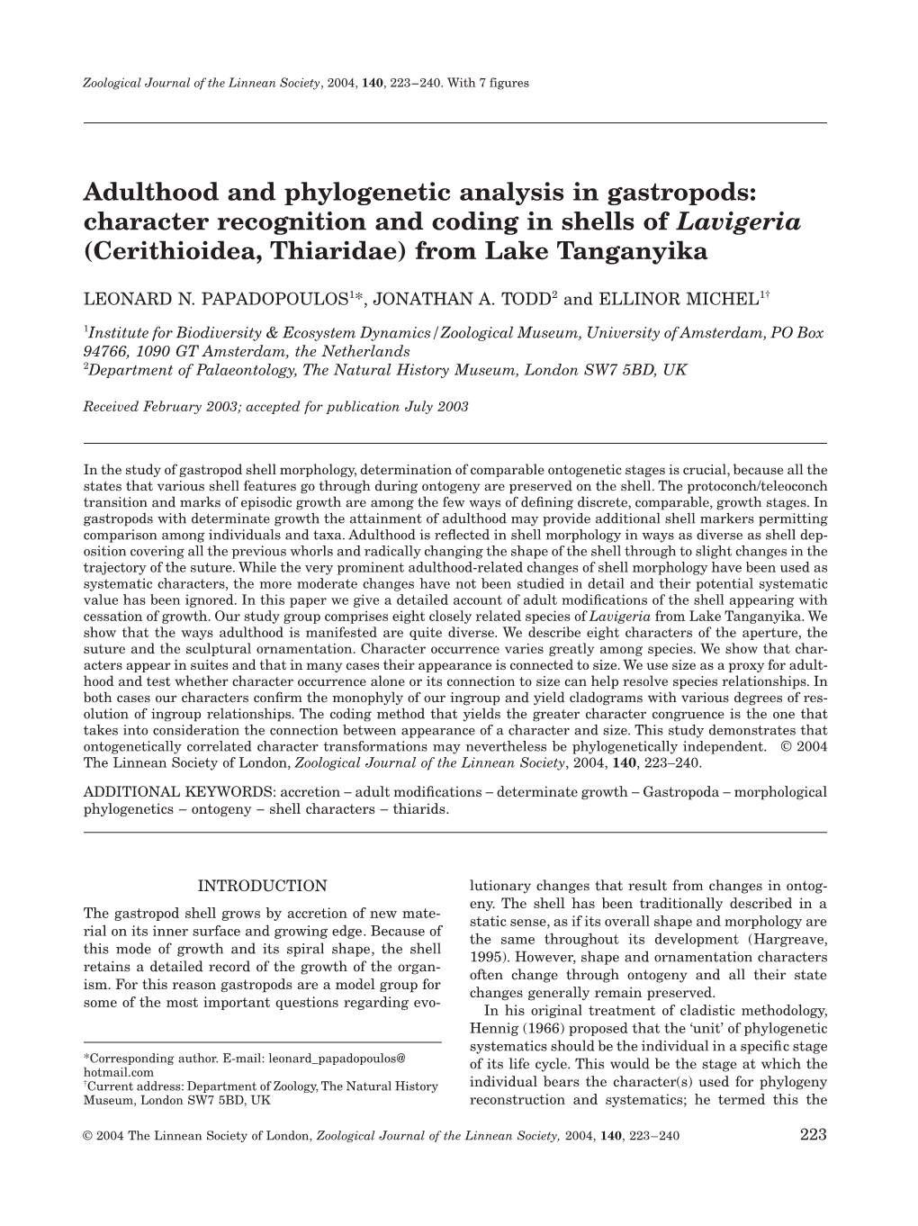 Adulthood and Phylogenetic Analysis in Gastropods: Character Recognition and Coding in Shells of Lavigeria (Cerithioidea, Thiaridae) from Lake Tanganyika