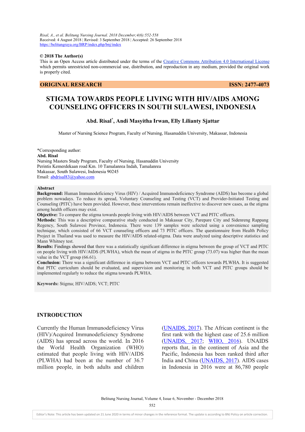 Stigma Towards People Living with Hiv/Aids Among Counseling Officers in South Sulawesi, Indonesia