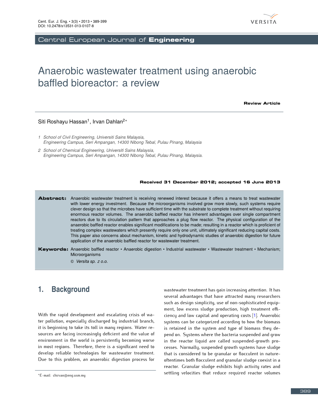 Anaerobic Wastewater Treatment Using Anaerobic Baffled Bioreactor