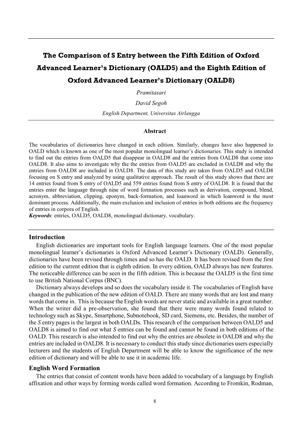 The Comparison of S Entry Between the Fifth Edition of Oxford Advanced Learner's Dictionary