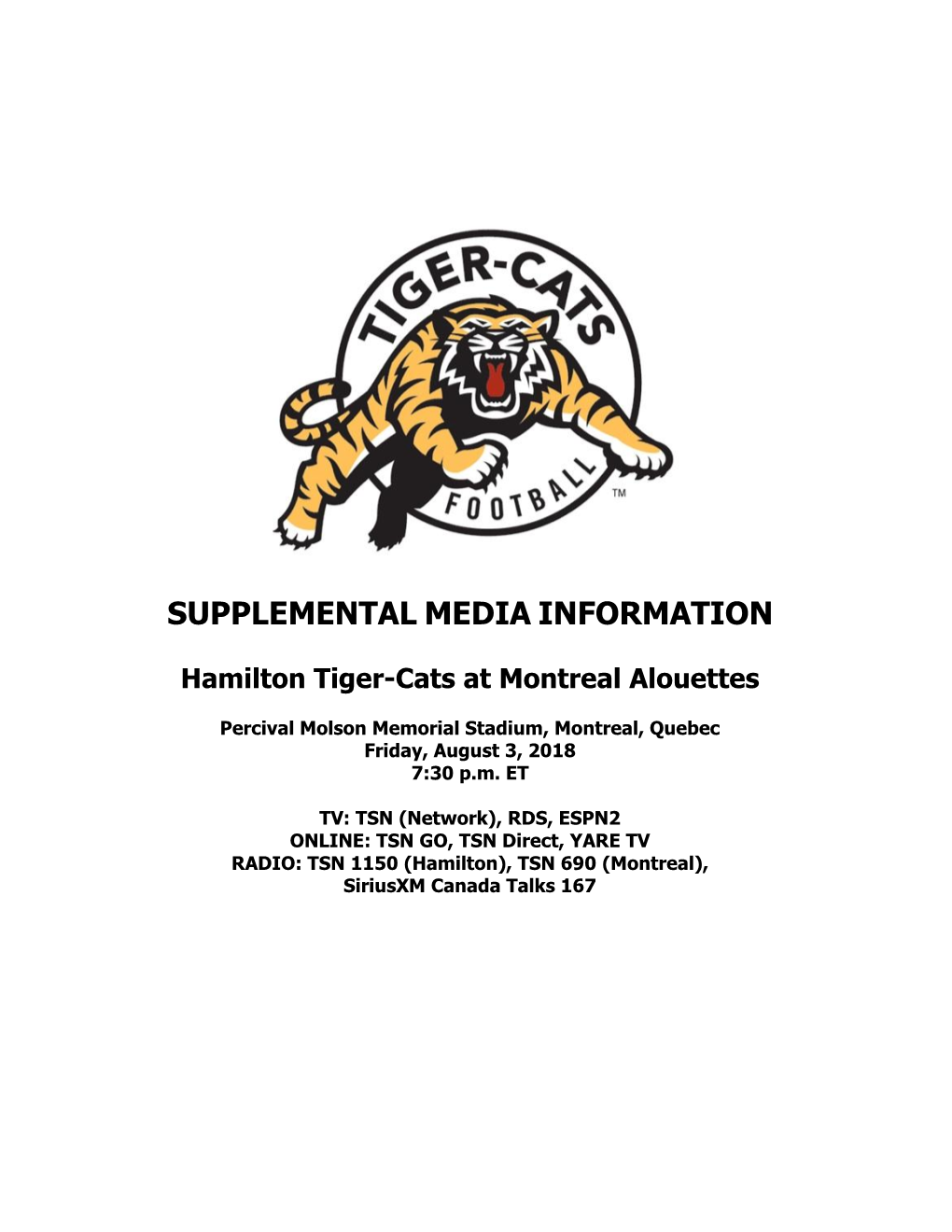 SUPPLEMENTAL MEDIA INFORMATION Hamilton Tiger-Cats