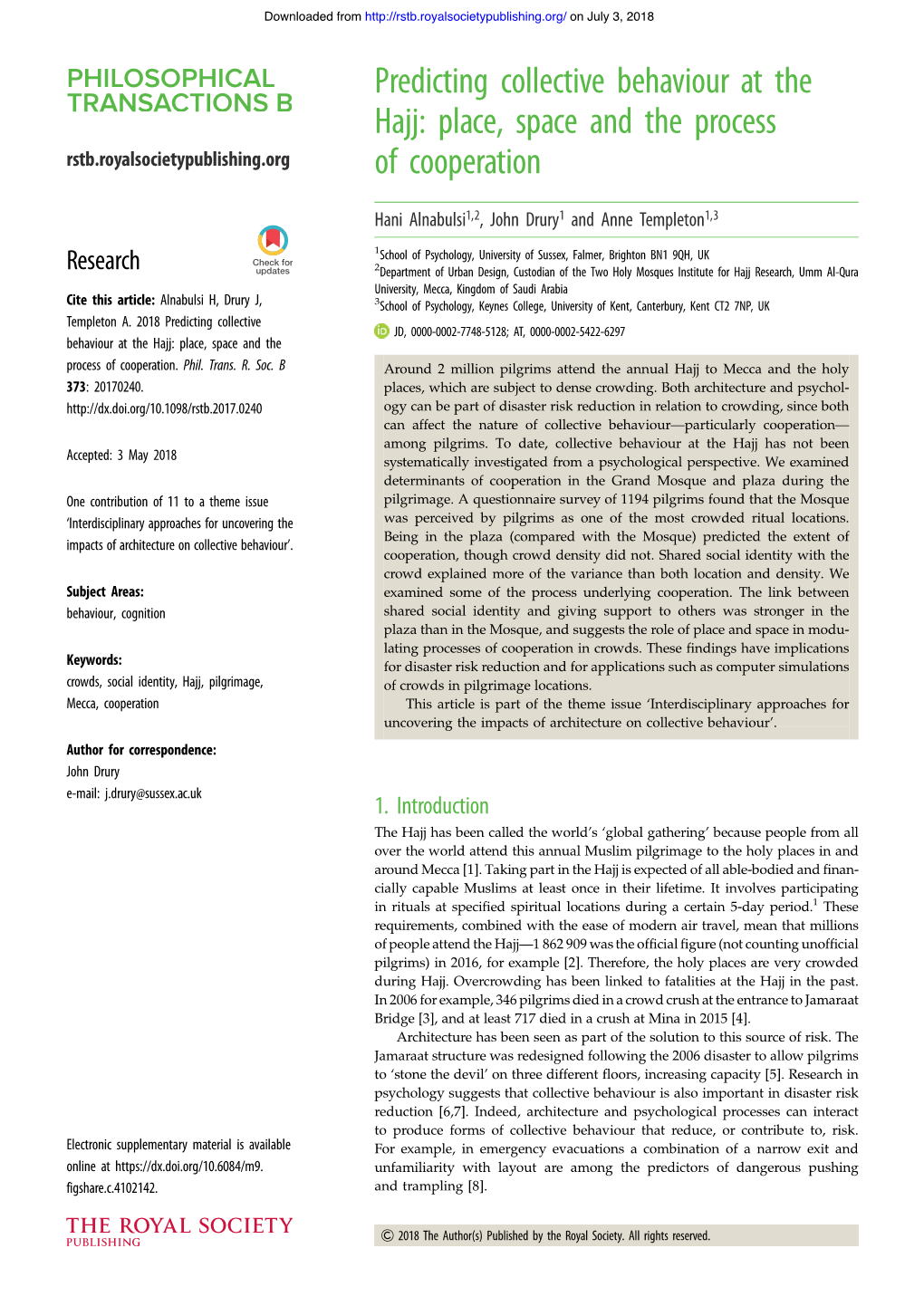 Predicting Collective Behaviour at the Hajj: Place, Space and the Process Rstb.Royalsocietypublishing.Org of Cooperation