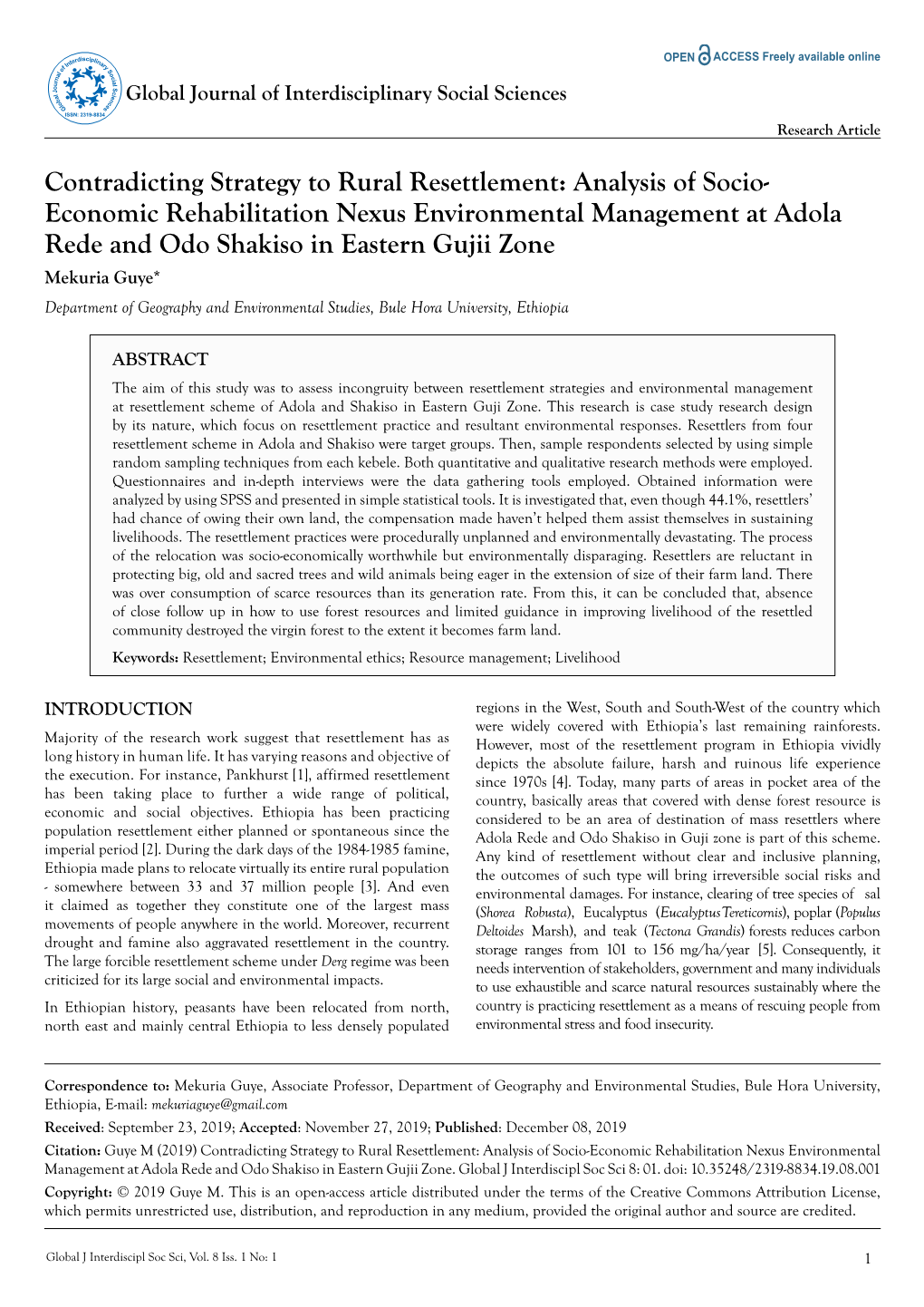 Contradicting Strategy to Rural Resettlement: Analysis of Socio-Economic Rehabilitation Nexus Environmental Management at Adola