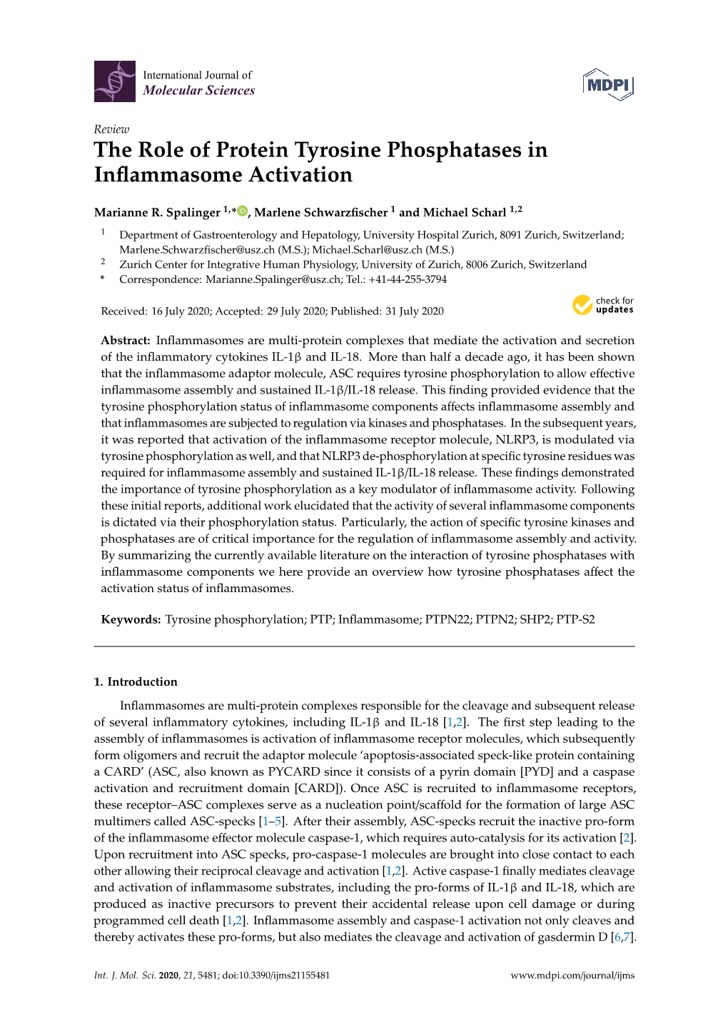 The Role of Protein Tyrosine Phosphatases in Inflammasome