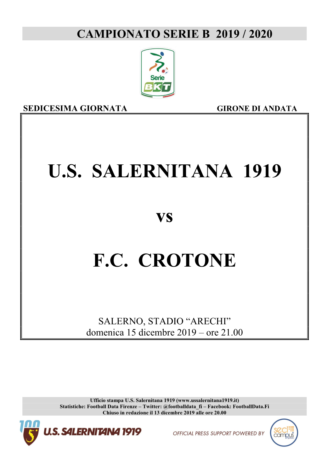 U.S. SALERNITANA 1919 Vs F.C. CROTONE