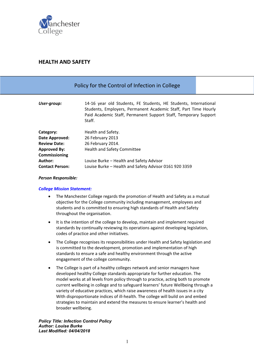 Policy for the Control of Infection in College