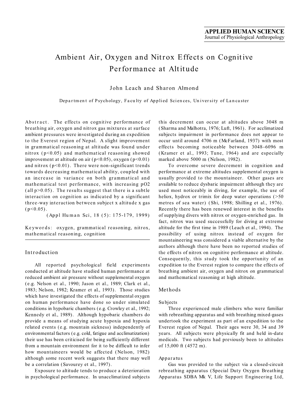 Ambient Air, Oxygen and Nitrox Effects on Cognitive Performance at Altitude