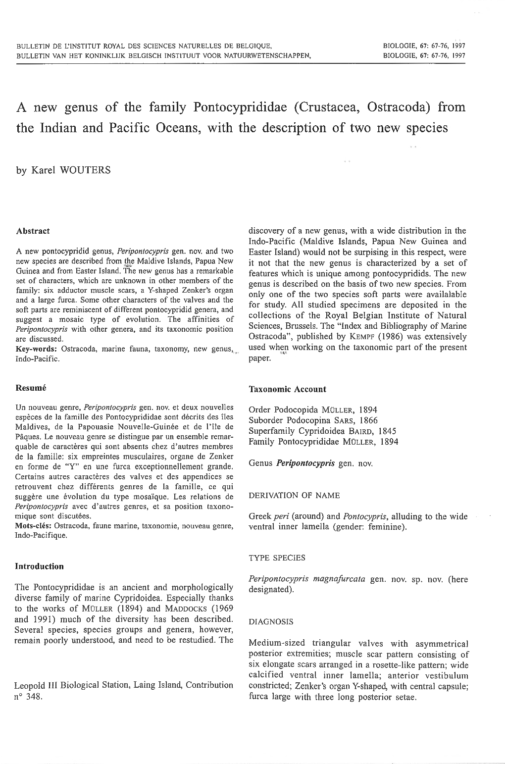 A New Genus of the Family Pontocyprididae (Crustacea, Ostracoda) from the Indian and Pacific Oceans, with the Description of Two New Species