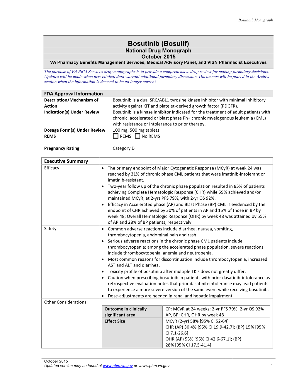 Bosutinib (Bosulif) National Drug Monograph October 2015 VA Pharmacy Benefits Management Services, Medical Advisory Panel, and VISN Pharmacist Executives