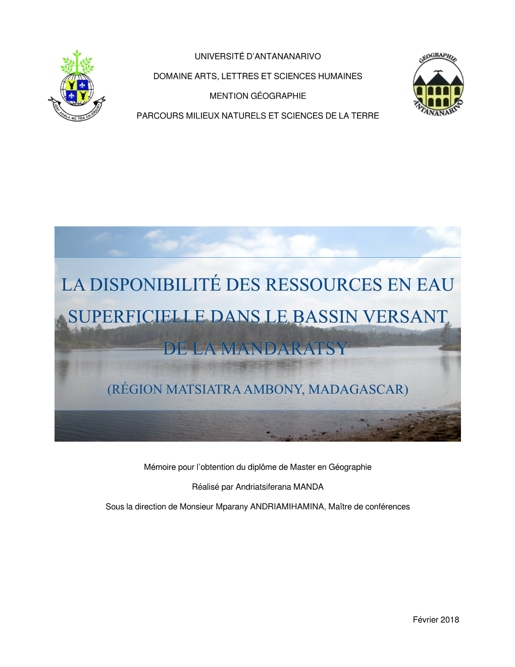 La Disponibilité Des Ressources En Eau Superficielle Dans Le Bassin Versant De La Mandaratsy