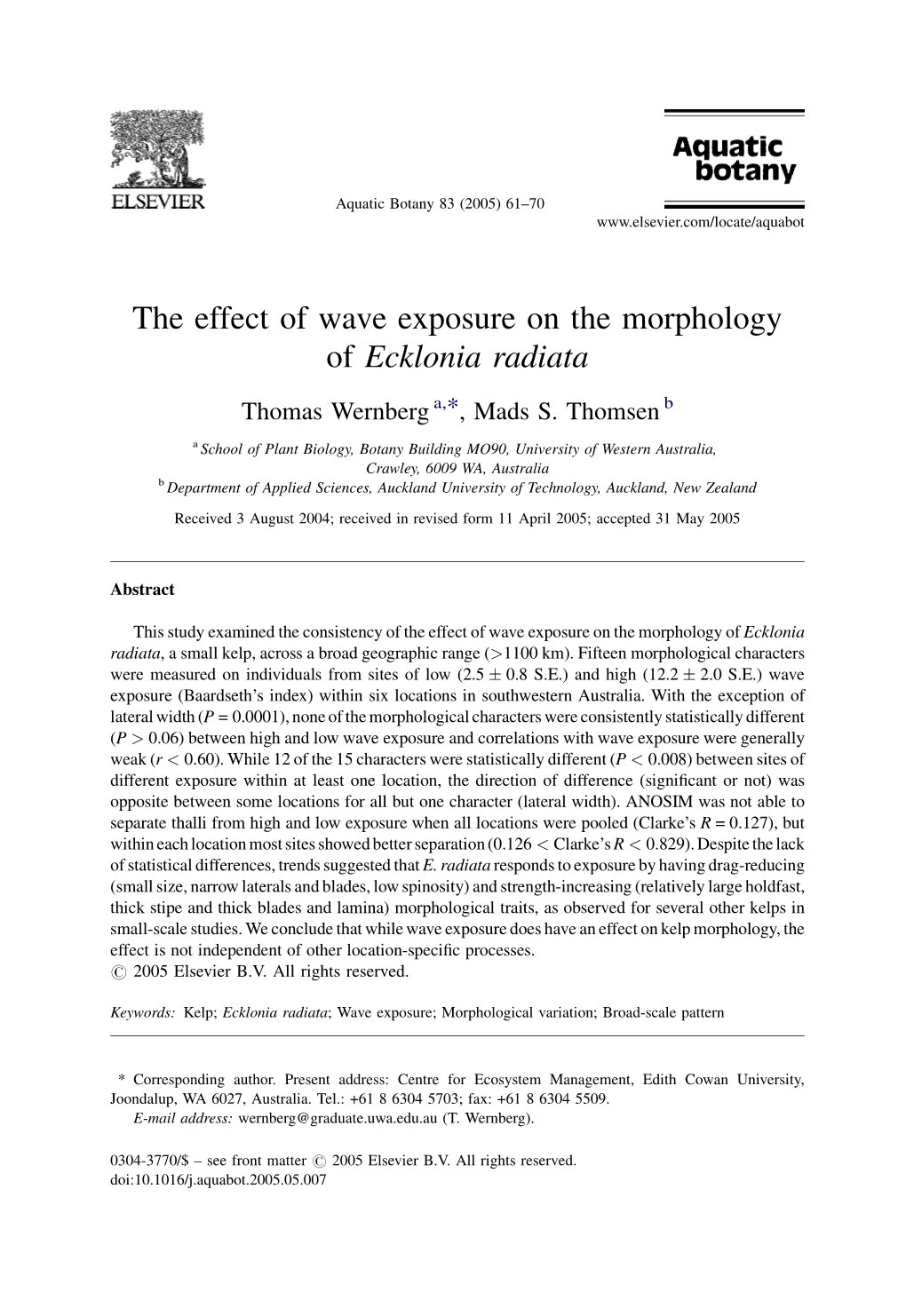 The Effect of Wave Exposure on the Morphology of Ecklonia Radiata