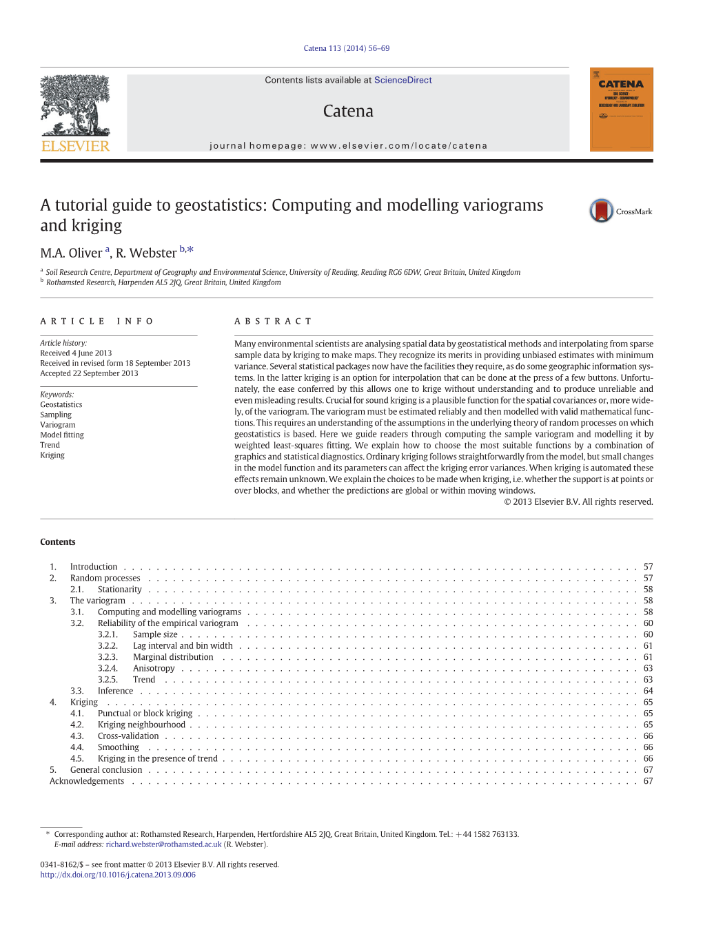 A Tutorial Guide to Geostatistics: Computing and Modelling Variograms and Kriging