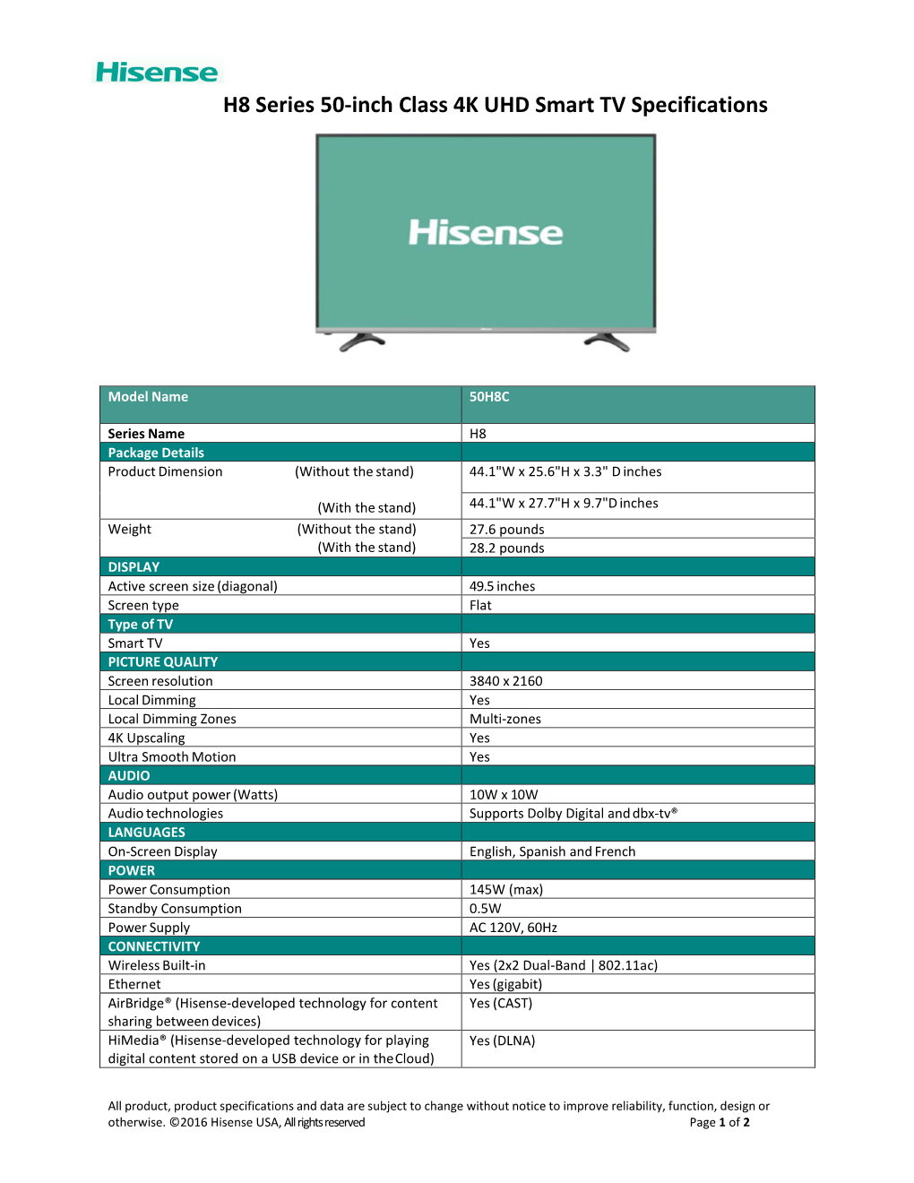 H8 Series 50-Inch Class 4K UHD Smart TV Specifications