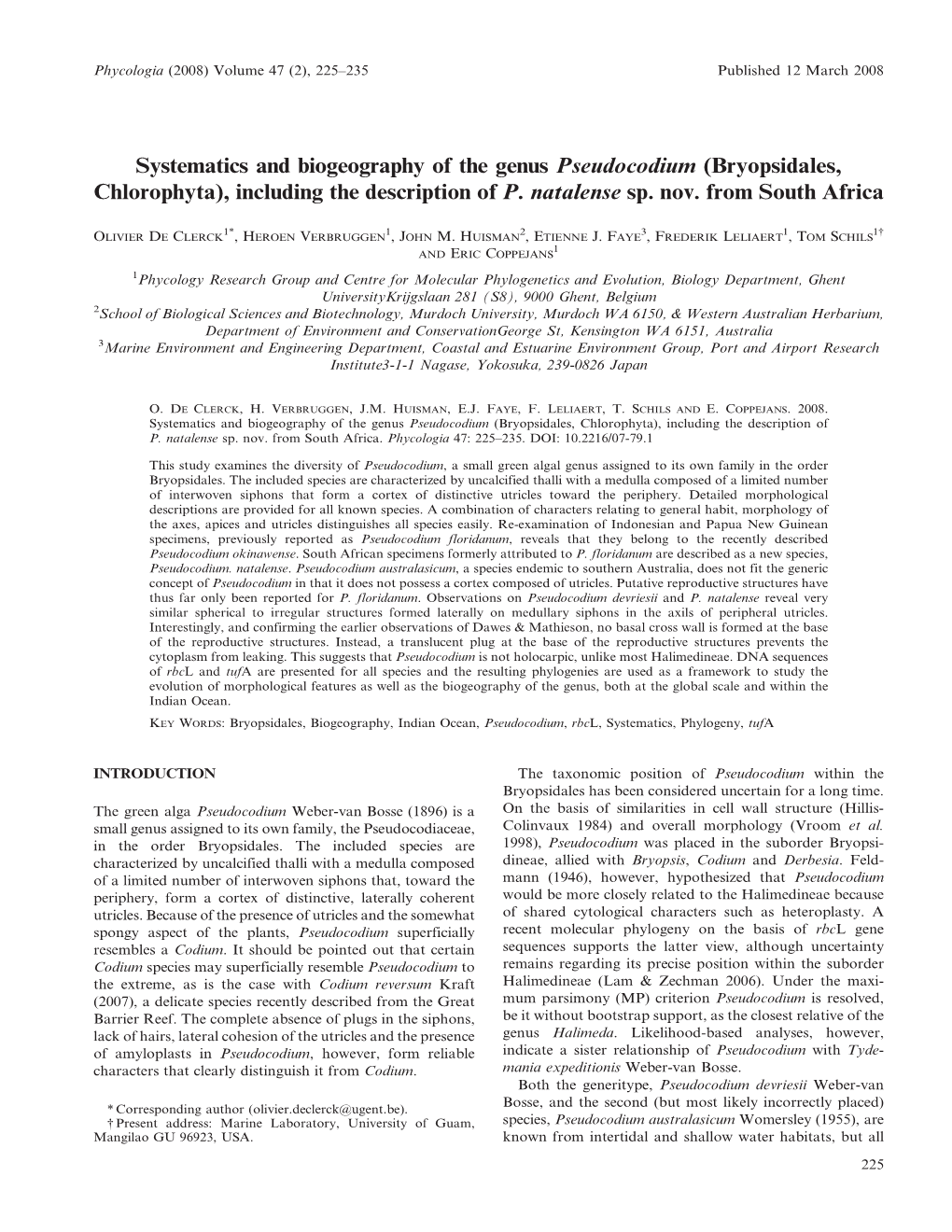 Systematics and Biogeography of the Genus Pseudocodium (Bryopsidales, Chlorophyta), Including the Description of P