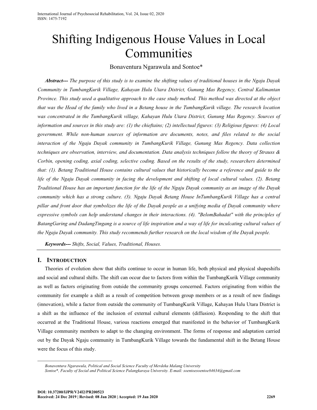 Shifting Indigenous House Values in Local Communities Bonaventura Ngarawula and Sontoe*