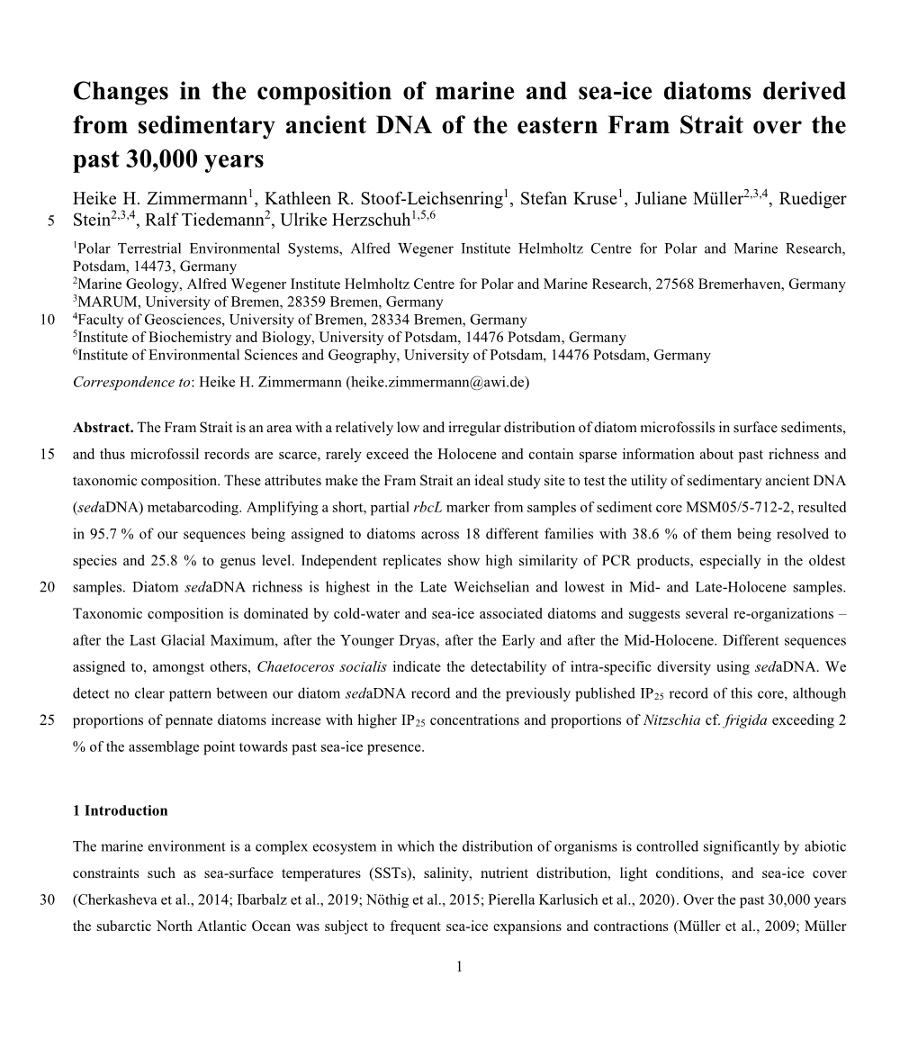 Changes in the Composition of Marine and Sea-Ice Diatoms Derived from Sedimentary Ancient DNA of the Eastern Fram Strait Over the Past 30,000 Years Heike H