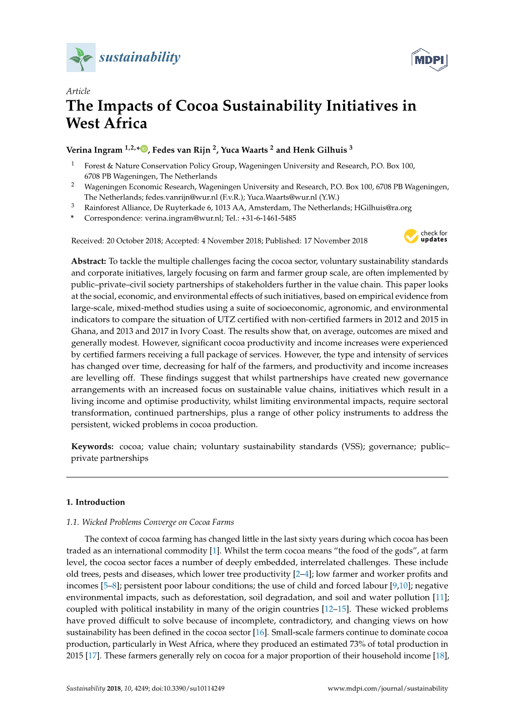 The Impacts of Cocoa Sustainability Initiatives in West Africa