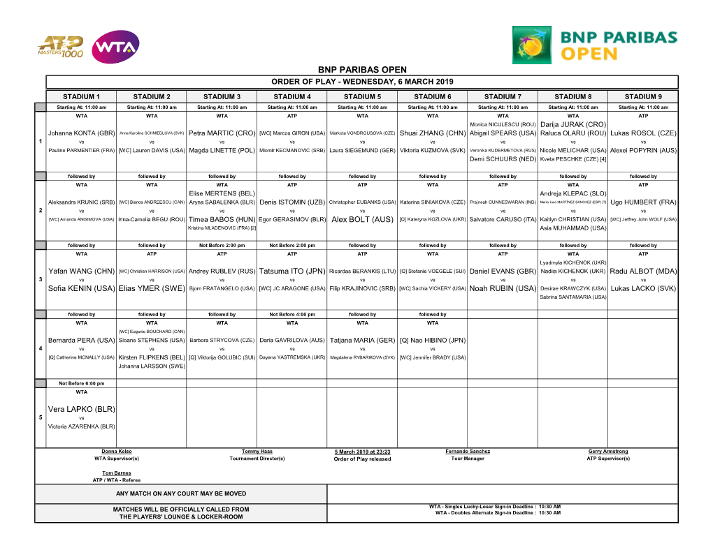 Bnp Paribas Open Order of Play - Wednesday, 6 March 2019