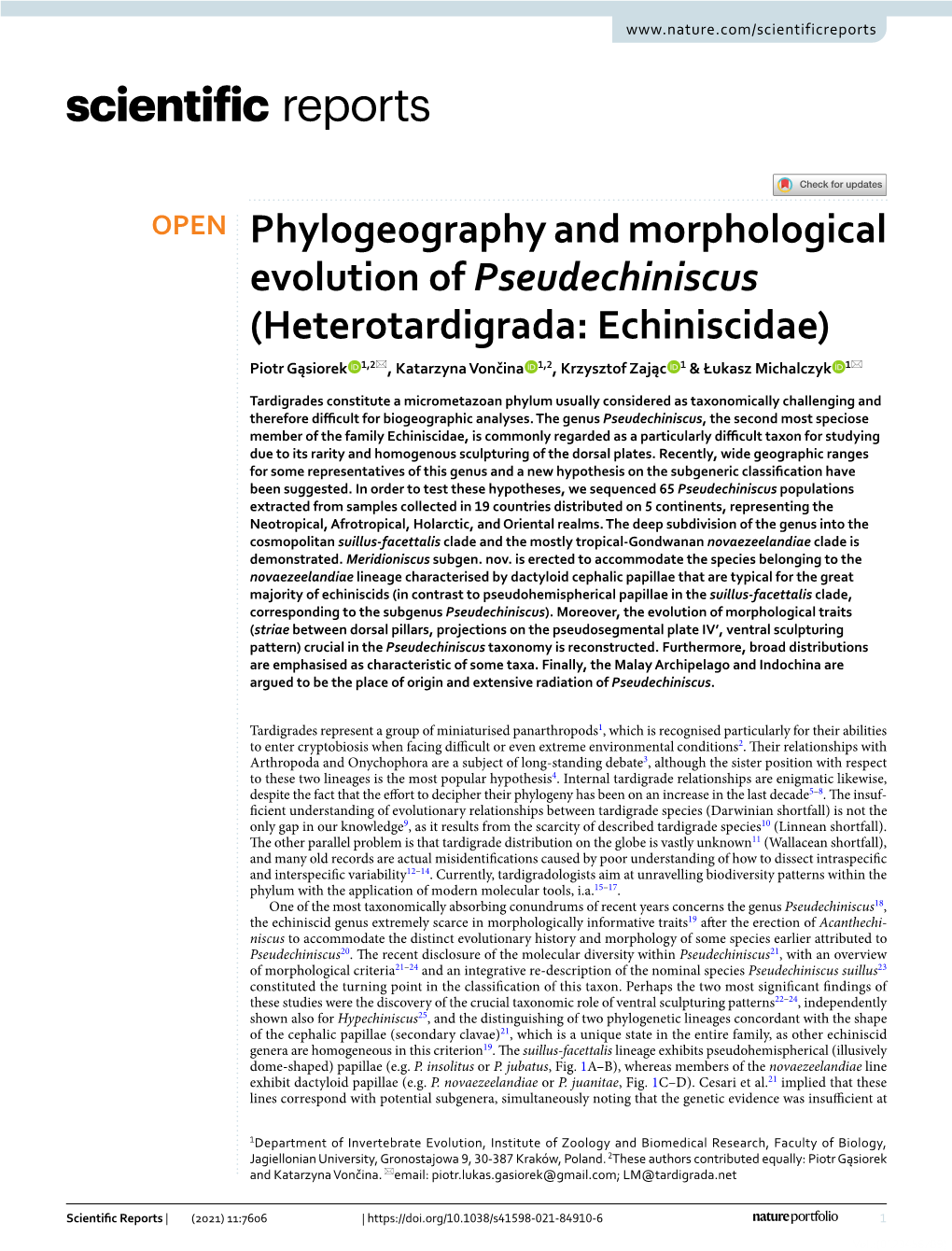 Heterotardigrada: Echiniscidae) Piotr Gąsiorek 1,2*, Katarzyna Vončina 1,2, Krzysztof Zając 1 & Łukasz Michalczyk 1*