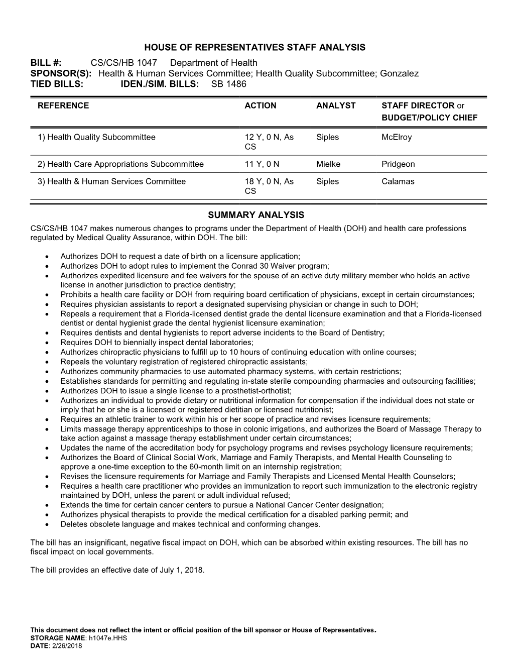 House of Representatives Staff Analysis Bill #: Cs/Cs