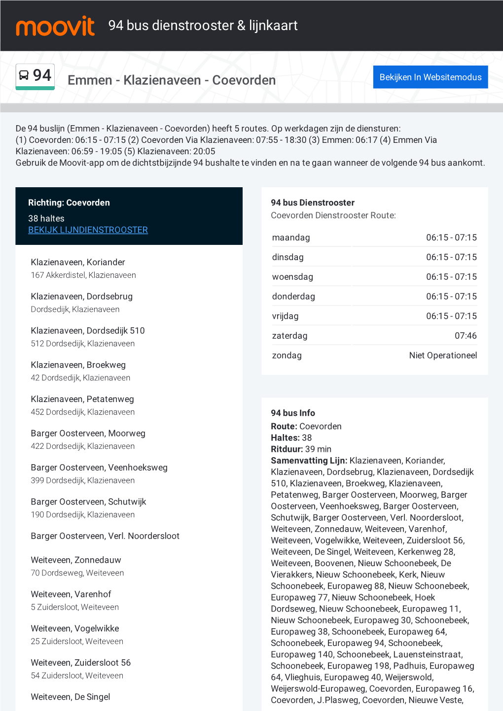 94 Bus Dienstrooster & Lijnroutekaart