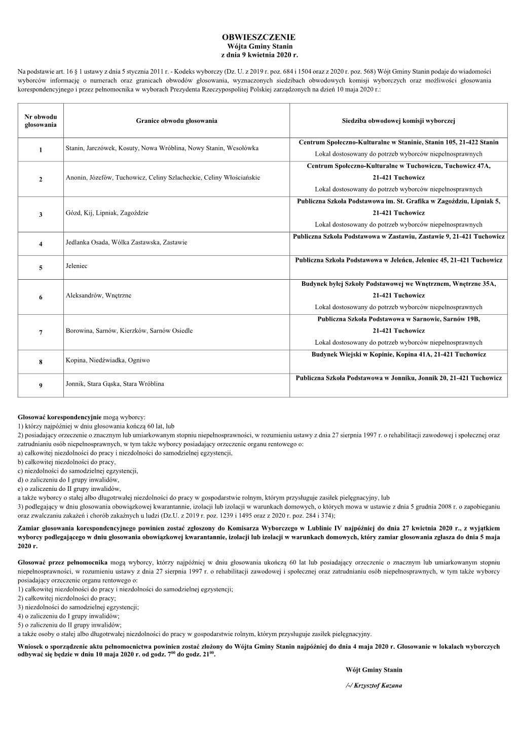 OBWIESZCZENIE Wójta Gminy Stanin Z Dnia 9 Kwietnia 2020 R