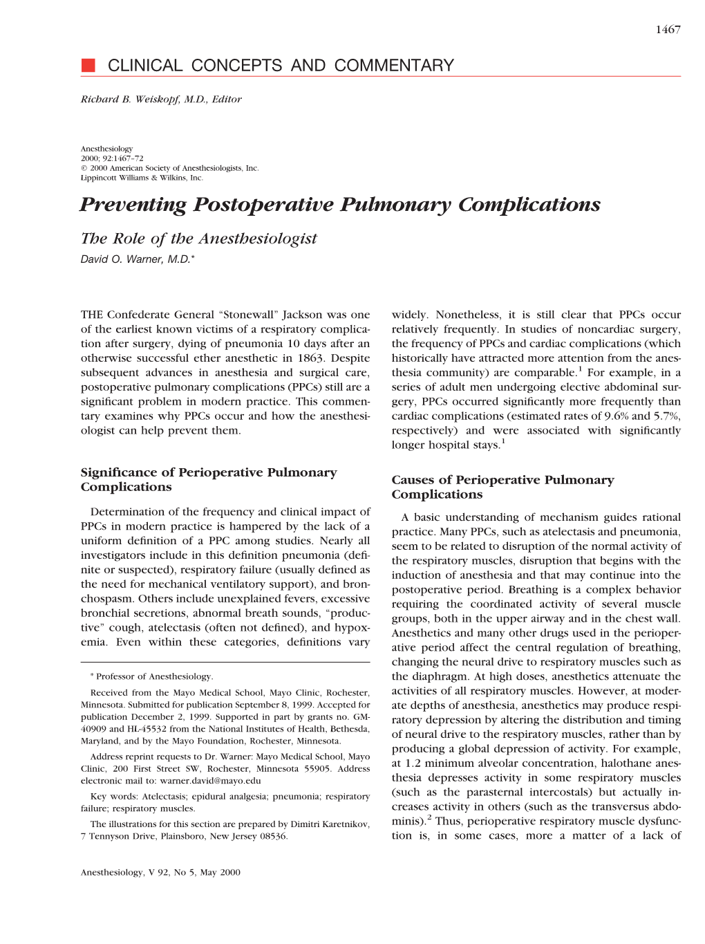 Preventing Postoperative Pulmonary Complications the Role of the Anesthesiologist David O