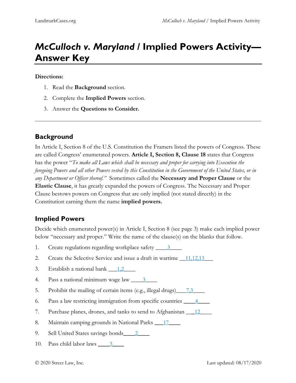 Mcculloch V. Maryland / Implied Powers Activity