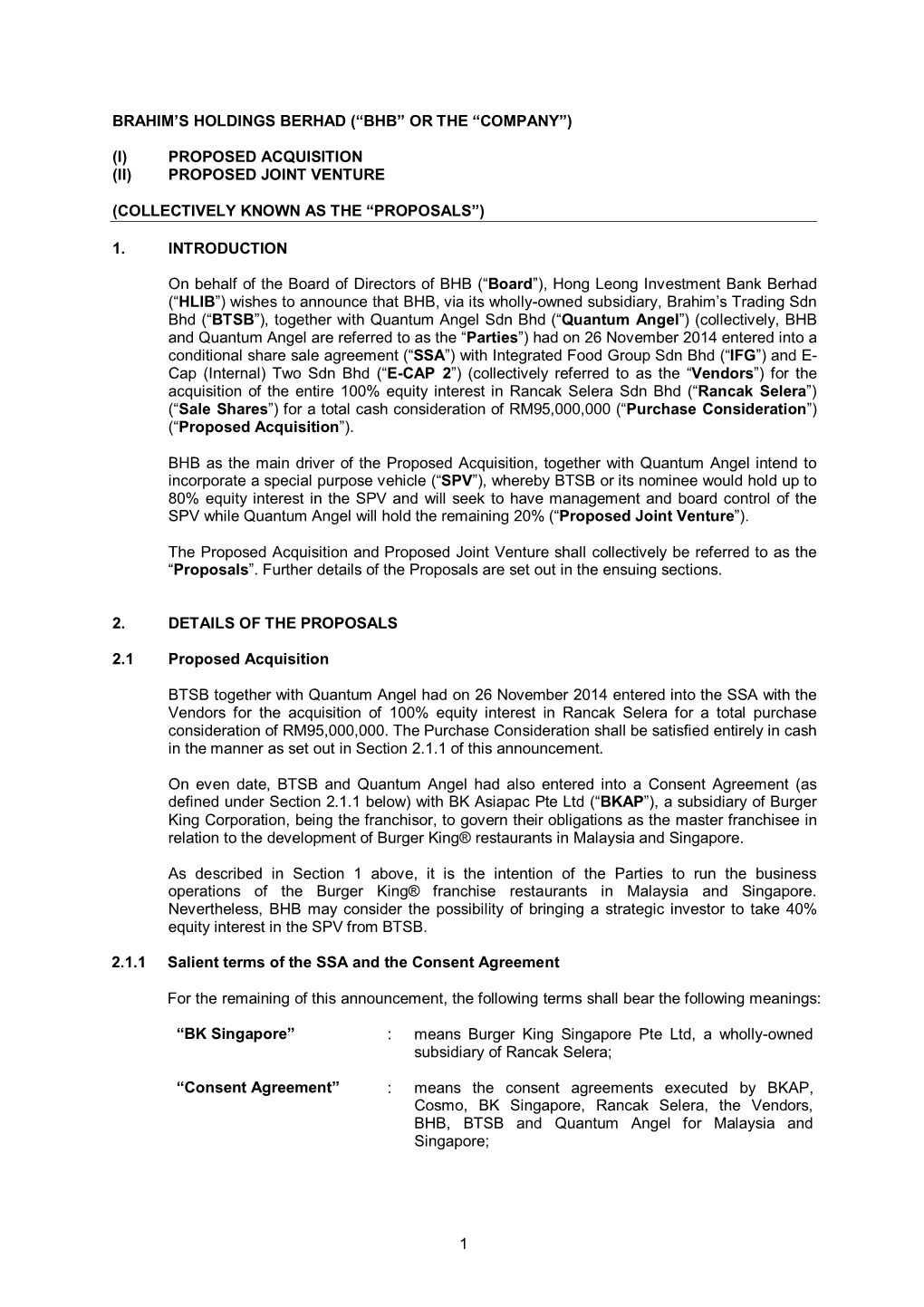 (I) Proposed Acquisition (Ii) Proposed Joint Venture