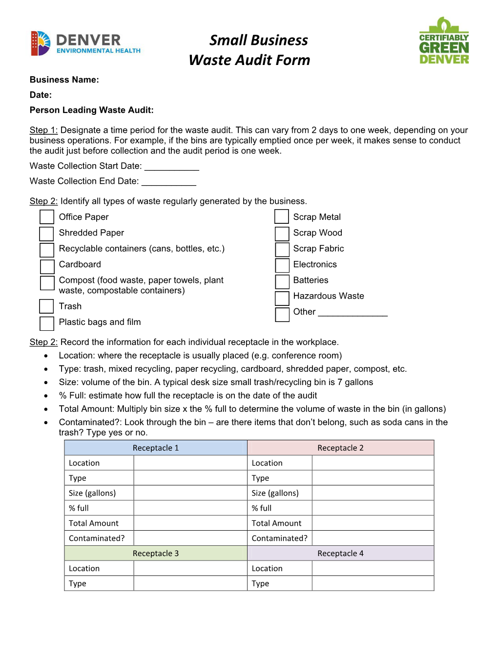 Small Business Waste Audit Form Business Name: Date: Person Leading Waste Audit