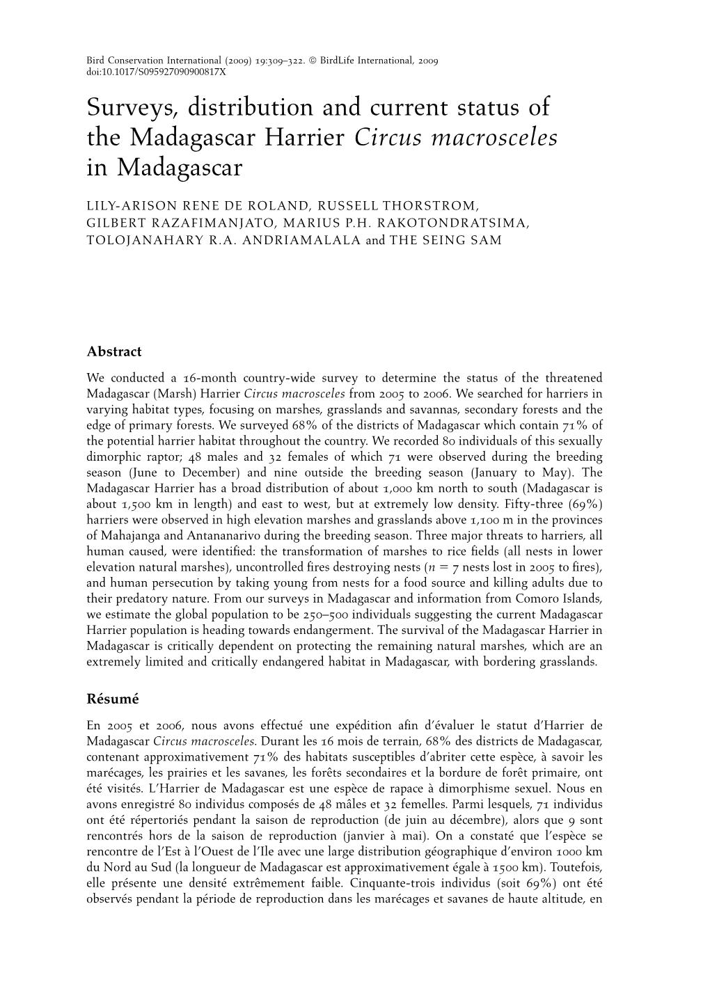 Surveys, Distribution and Current Status of the Madagascar Harrier Circus Macrosceles in Madagascar