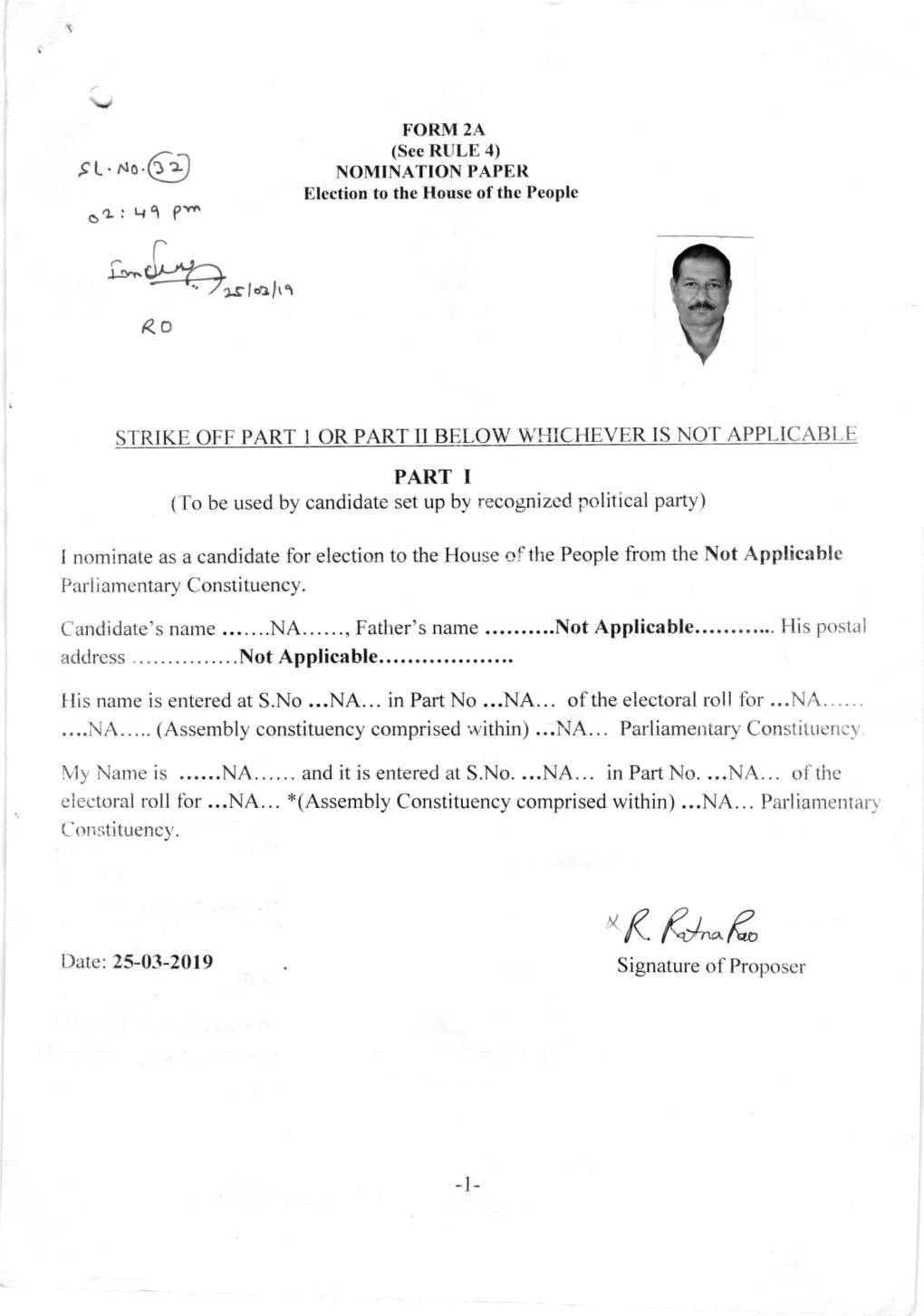 F T'r.Ro.6Z-) NOMINATION PAPER Election to the House of the People O,L: Lrq PY"